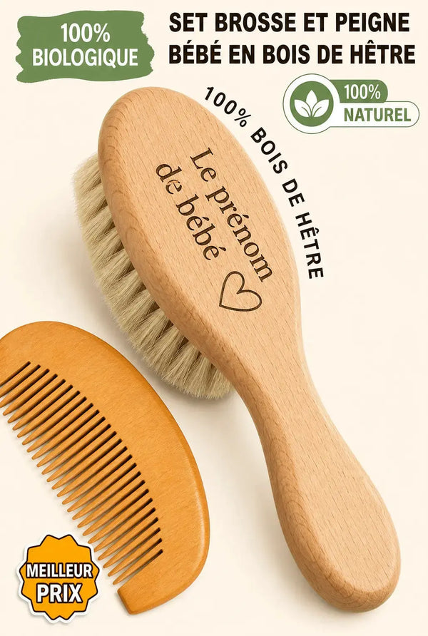 Brosse bébé personnalisée bois hêtre — poils doux gravure prénom | CréaBySana