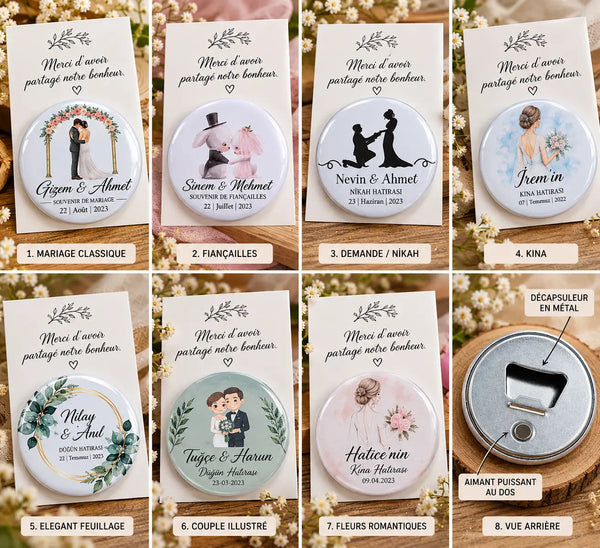 Décapsuleur personnalisé – Badge rond aimanté pour mariage