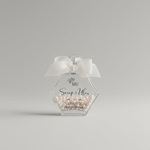 Flacon parfum personnalisé hexagonal rempli de perles, nœud satin blanc