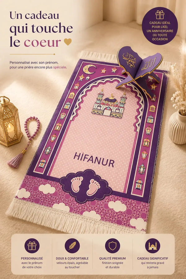 Tapis de prière enfant personnalisé avec prénom brodé — cadeau islamique | CréaBySana