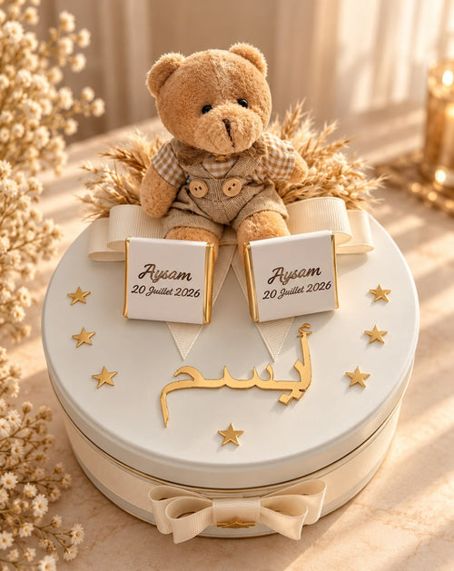 Coffret Annonce de Naissance Personnalisé – Chocolats et Peluche Cadeau bebe CréaBySana