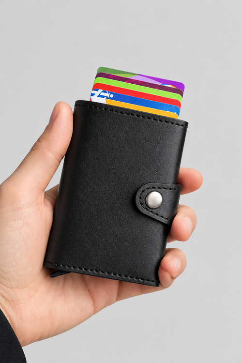 Porte-Cartes Automatique Cuir Noir – sur fond blanc