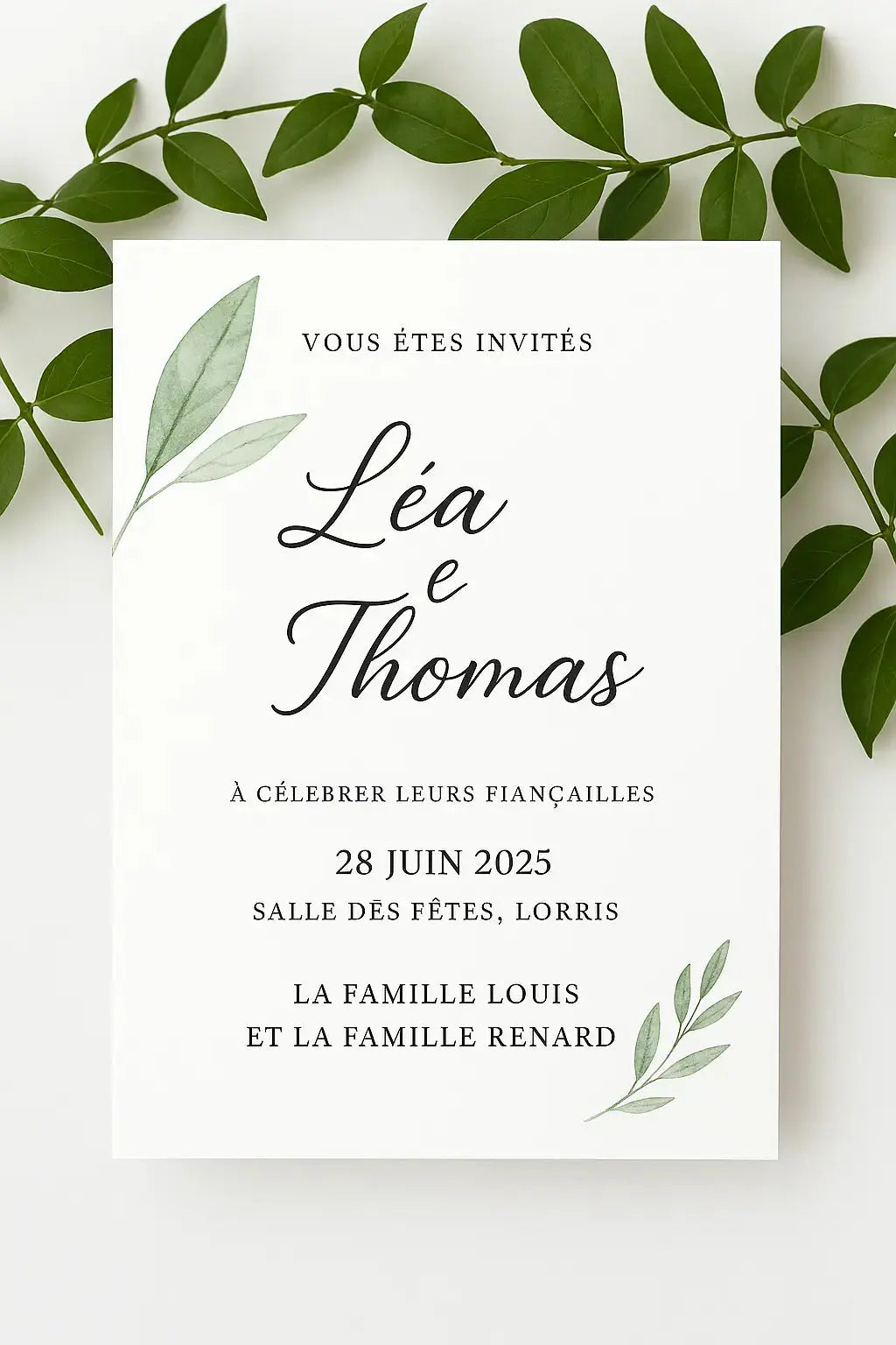 Carton d’invitation de fiançailles élégant – Modèle feuillage vert | Invitation personnalisée chic et naturelle CréaBySana