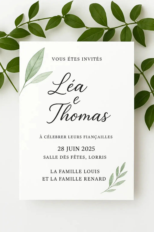 Carton d’invitation de fiançailles élégant – Modèle feuillage vert | Invitation personnalisée chic et naturelle CréaBySana