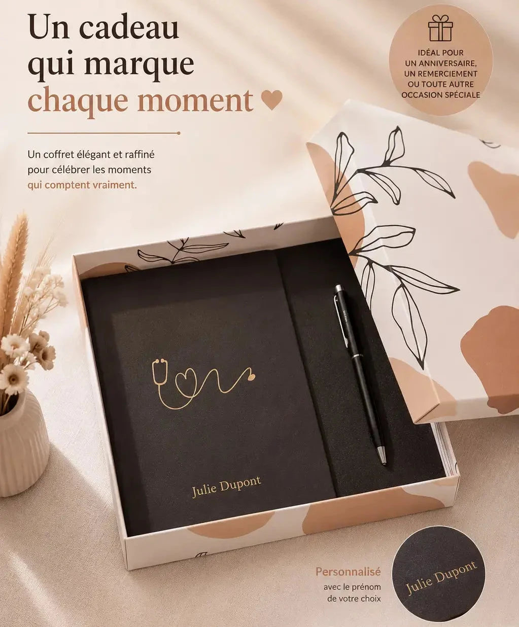 Coffret cadeau médecin personnalisé stylo carnet stéthoscope | CréaBySana