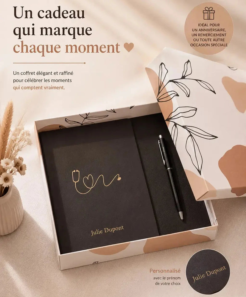 Coffret cadeau médecin personnalisé stylo carnet stéthoscope | CréaBySana