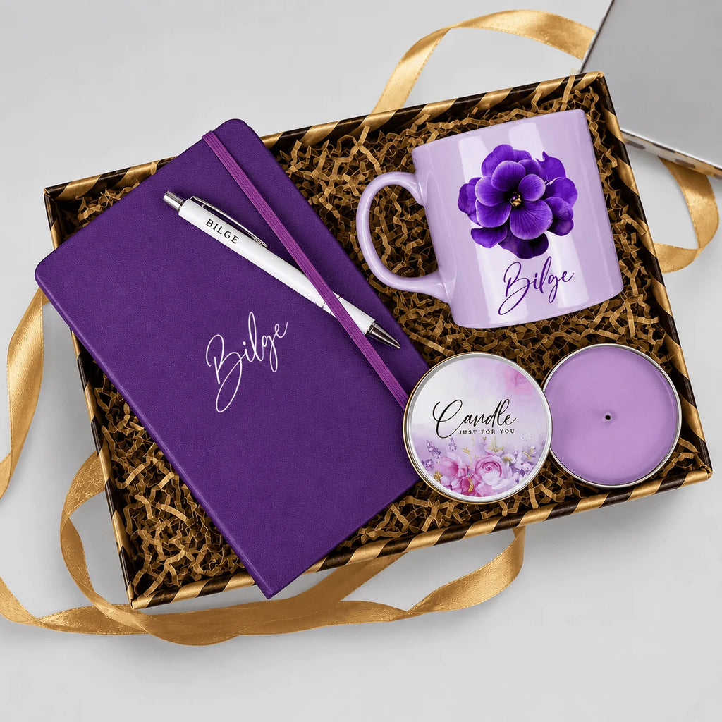 Coffret cadeau femme violet personnalisé mug bougie et carnet | CréaBySana