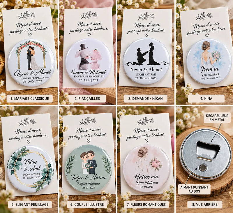 Décapsuleur personnalisé – Badge rond aimanté pour mariage