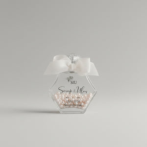 Flacon parfum personnalisé hexagonal rempli de perles, nœud satin blanc