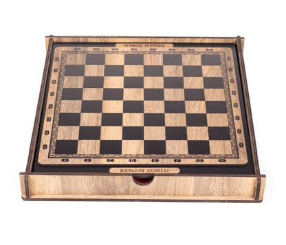 Échiquier en Bois Personnalisé avec Tiroir – Set Complet - CréaBySana