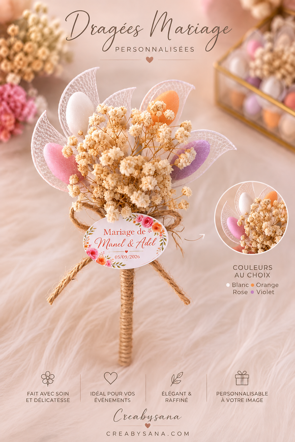 Fleur de dragées mariage personnalisée : gypsophile séchée, dragées blanches, roses, orange et violettes, étiquette aux prénoms des mariés