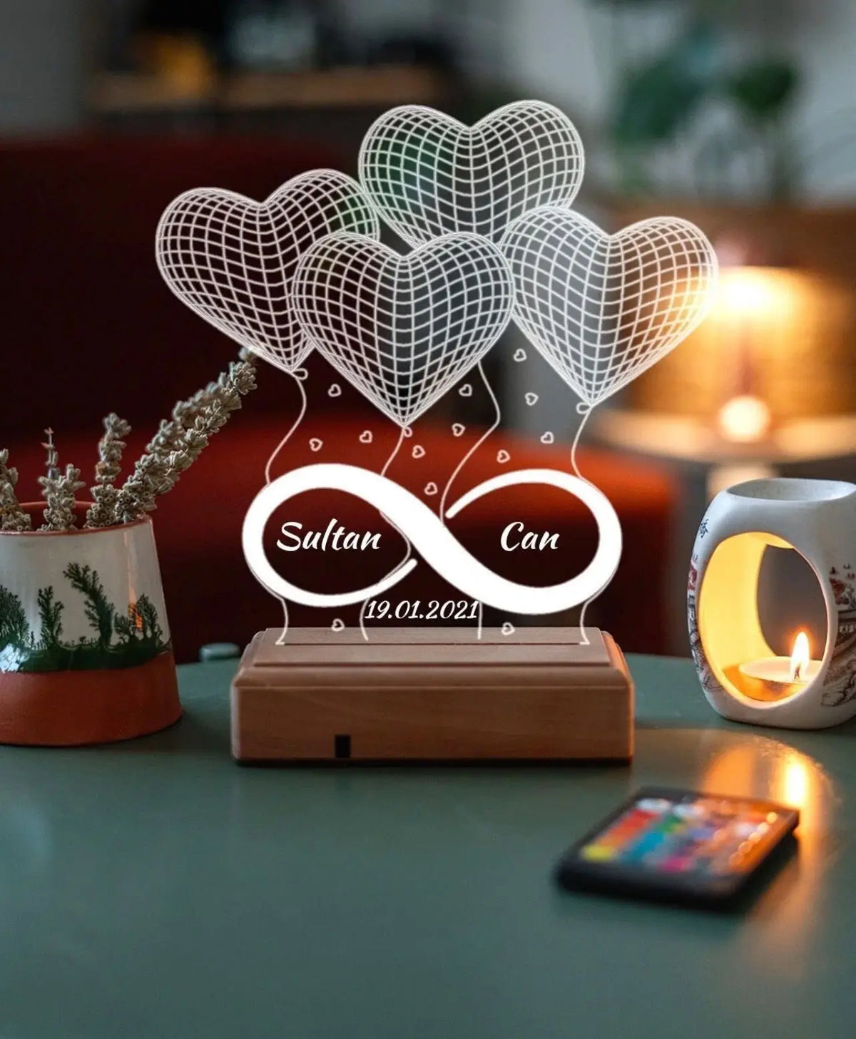 Lampe LED Personnalisée – Modèle Infini & Cœurs – Cadeau Romantique Unique CréaBySana