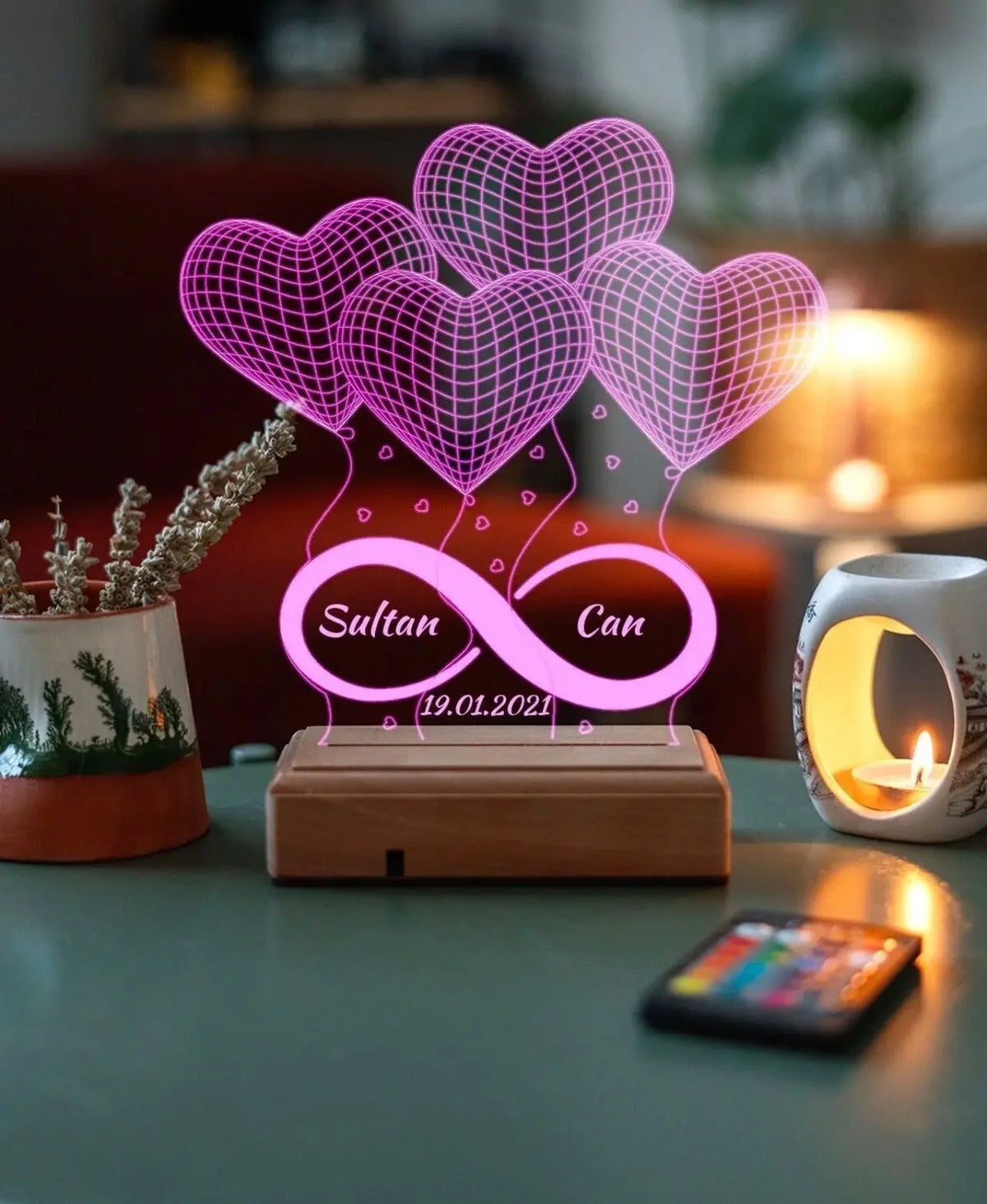 Lampe LED Personnalisée – Modèle Infini & Cœurs – Cadeau Romantique Unique CréaBySana