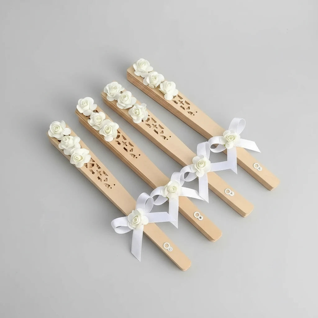 Éventail bois fait main ruban blanc — mariage personnalisé | Créa By Sana