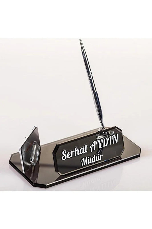 Plaque Nominative Bureau Personnalisée – Verre Élégant avec Stylo & Porte-Cartes CréaBySana