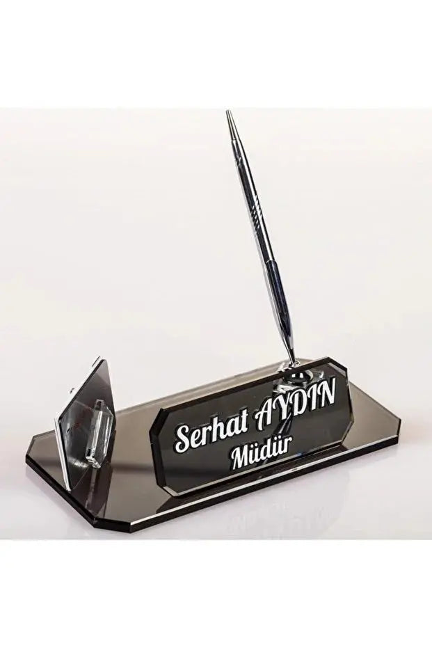 Plaque nominative bureau verre fumé gravée — stylo porte-cartes | CréaBySana