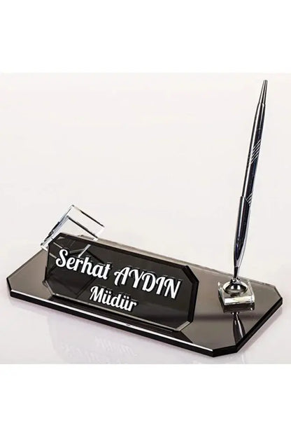 Plaque Nominative Bureau Personnalisée – Verre Élégant avec Stylo & Porte-Cartes CréaBySana