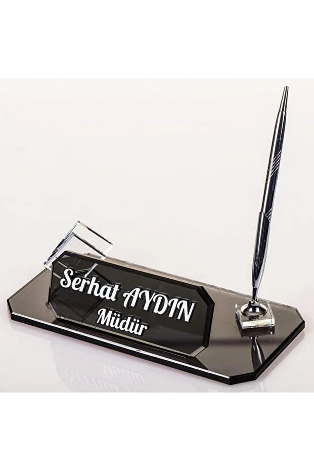 Plaque Nominative Bureau Personnalisée – Verre Élégant avec Stylo & Porte-Cartes CréaBySana