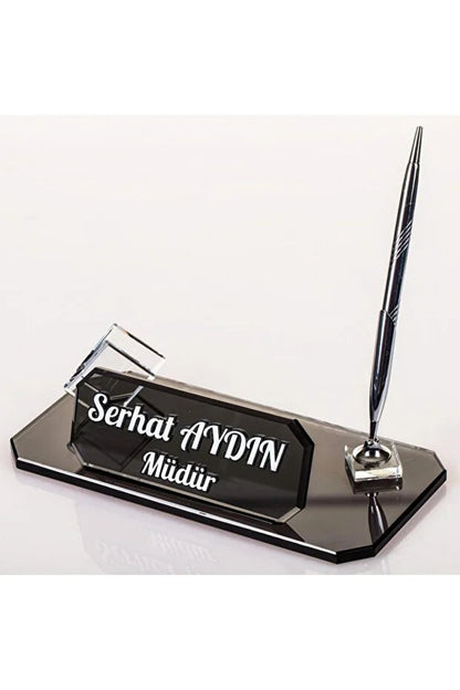 Plaque Nominative Bureau Personnalisée – Verre Élégant avec Stylo & Porte-Cartes CréaBySana