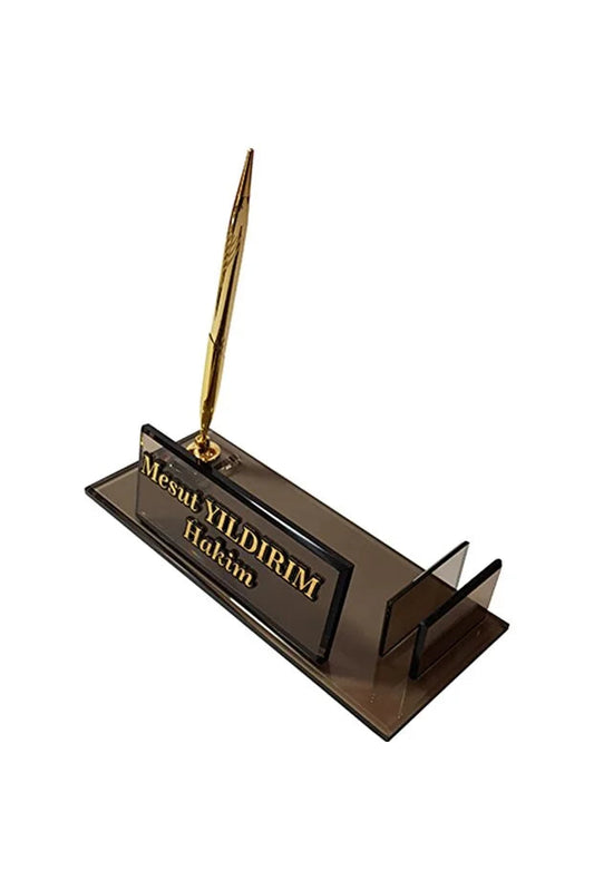 Plaque Nominative Bureau Personnalisée – Verre Fumé avec Stylo Doré & Porte-Cartes CréaBySana