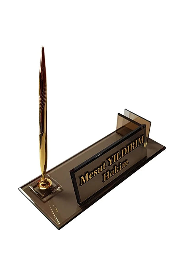 Plaque Nominative Bureau Personnalisée – Verre Fumé avec Stylo Doré & Porte-Cartes CréaBySana