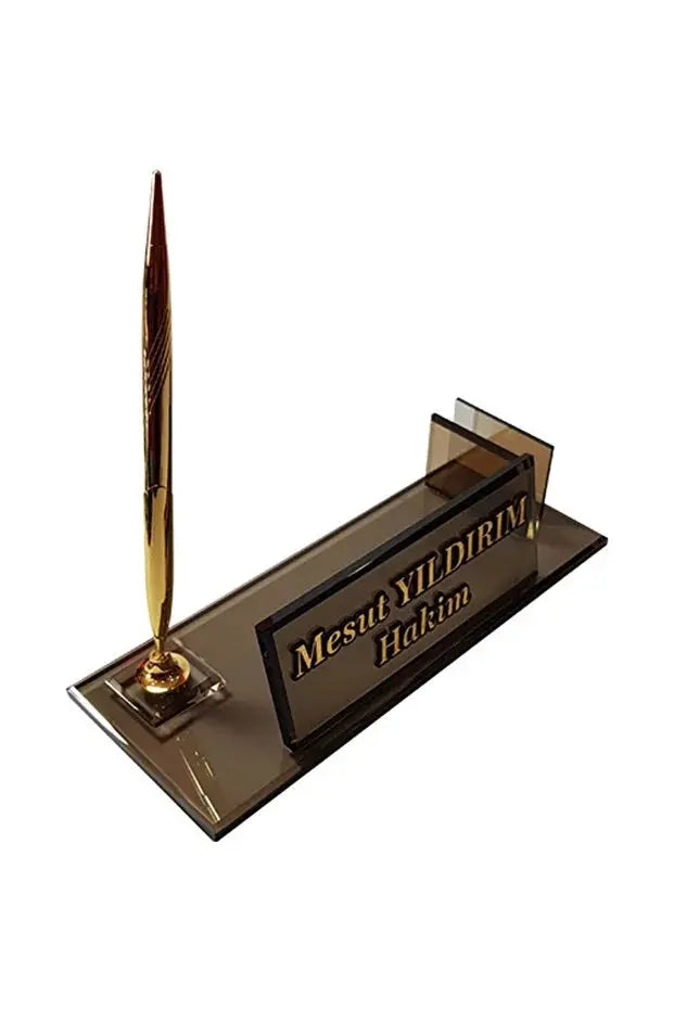 Plaque Nominative Bureau Personnalisée – Verre Fumé avec Stylo Doré & Porte-Cartes CréaBySana