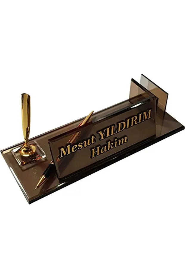 Plaque Nominative Bureau Personnalisée – Verre Fumé avec Stylo Doré & Porte-Cartes CréaBySana