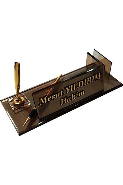 Plaque Nominative Bureau Personnalisée – Verre Fumé avec Stylo Doré & Porte-Cartes CréaBySana