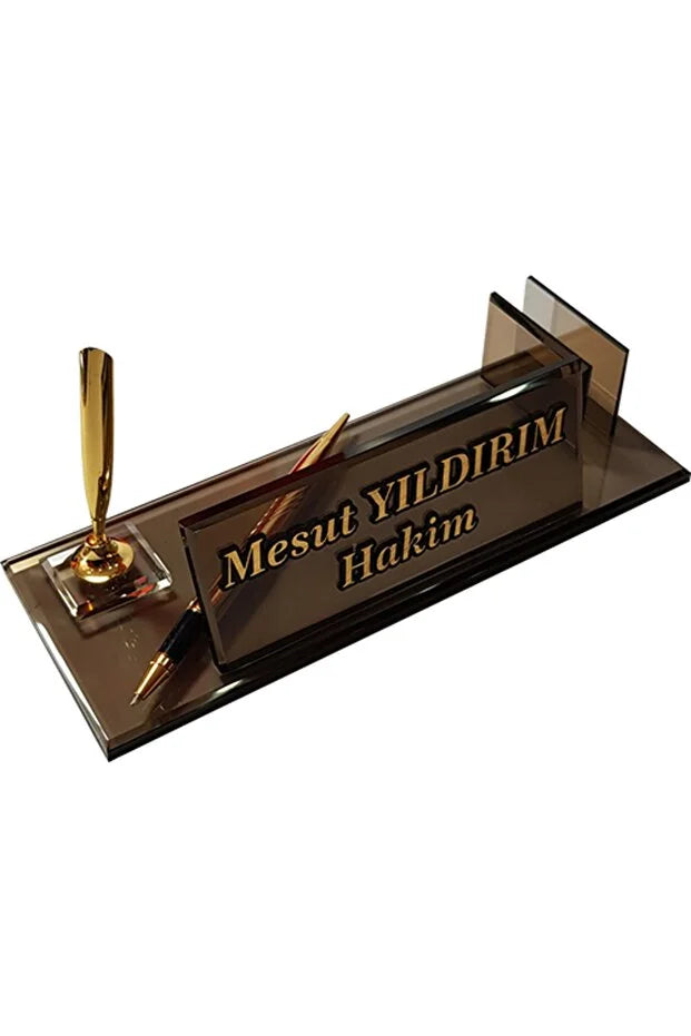 Plaque Nominative Bureau Personnalisée – Verre Fumé avec Stylo Doré & Porte-Cartes CréaBySana