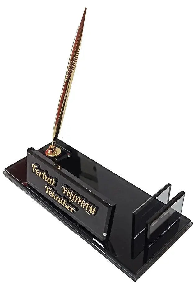 Plaque Nominative Bureau Personnalisée – Verre Fumé avec Stylo Doré & Porte-Cartes CréaBySana