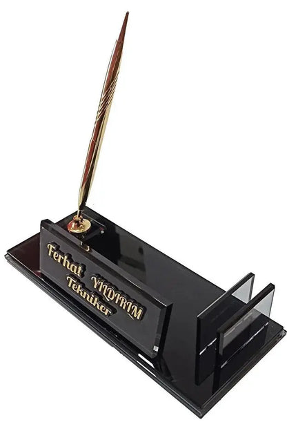 Plaque Nominative Bureau Personnalisée – Verre Fumé avec Stylo Doré & Porte-Cartes CréaBySana