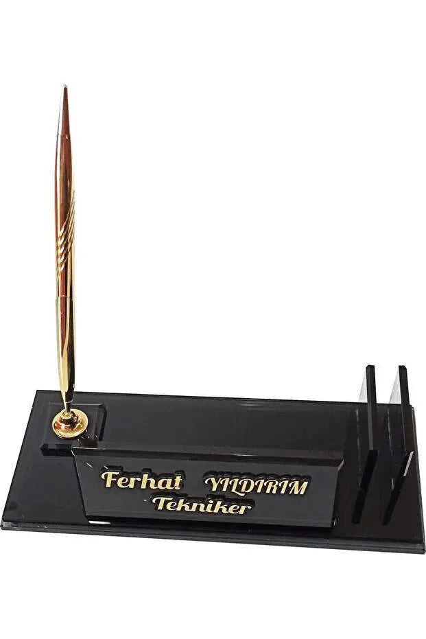 Plaque Nominative Bureau Personnalisée – Verre Fumé avec Stylo Doré & Porte-Cartes CréaBySana