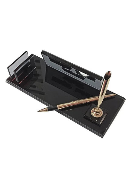 Plaque Nominative Bureau Personnalisée – Verre Fumé avec Stylo Doré & Porte-Cartes CréaBySana