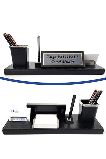 Plaque Nominative Bureau Personnalisée en Cuir – Ensemble Élégant avec Stylo, Porte-Cartes & Range-Stylos CréaBySana