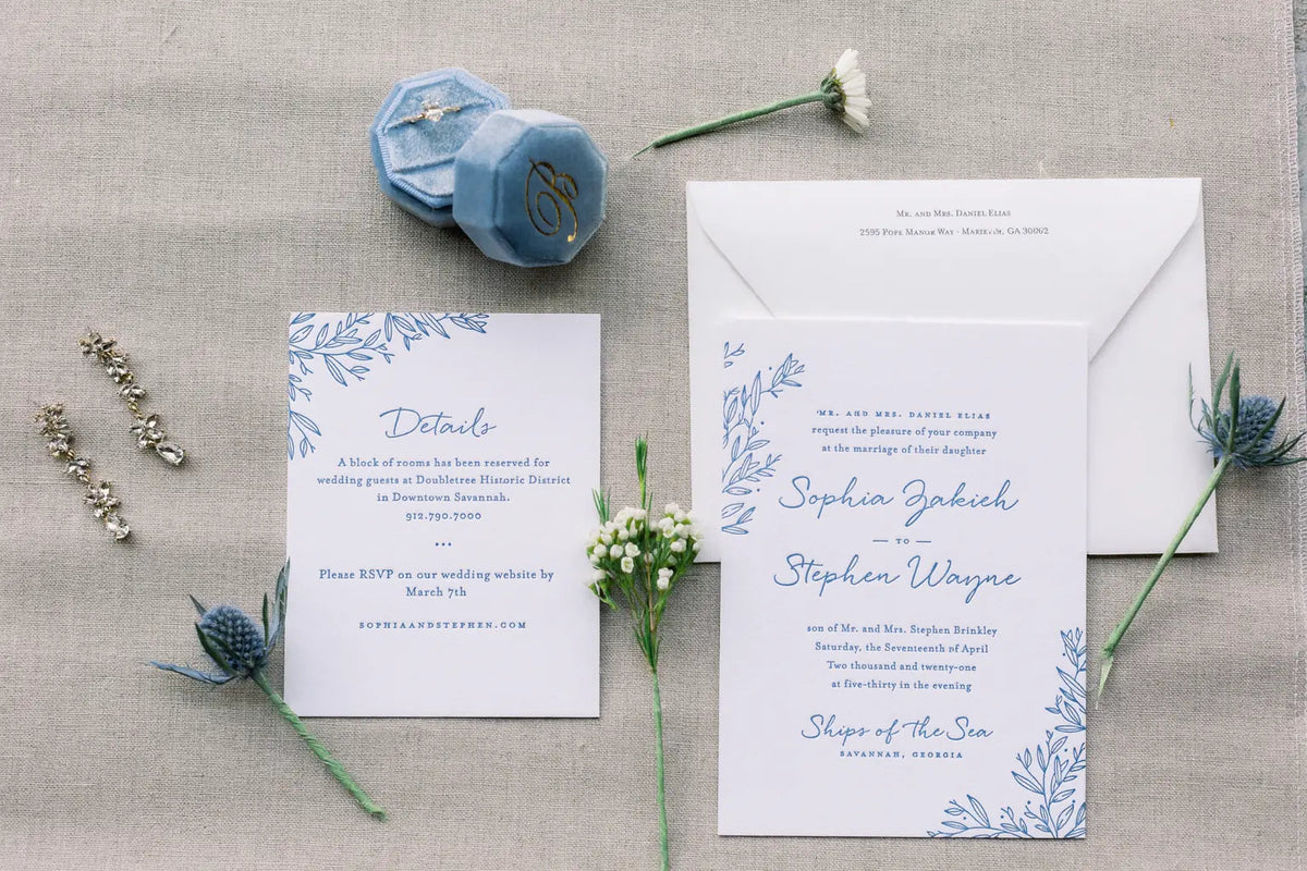 Personalized Plus One Wedding Invitation – Elegant handmade wedding stationery by CréaBySana with floral design and luxury paper.