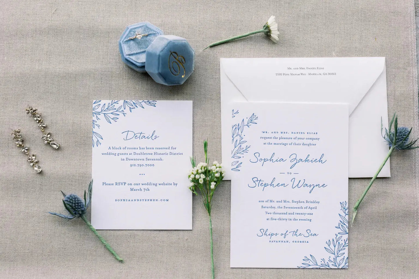 Personalized Plus One Wedding Invitation – Elegant handmade wedding stationery by CréaBySana with floral design and luxury paper.