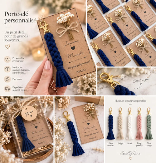 Porte-clé en tissu tressé bleu marine sur carte kraft, cinq coloris disponibles