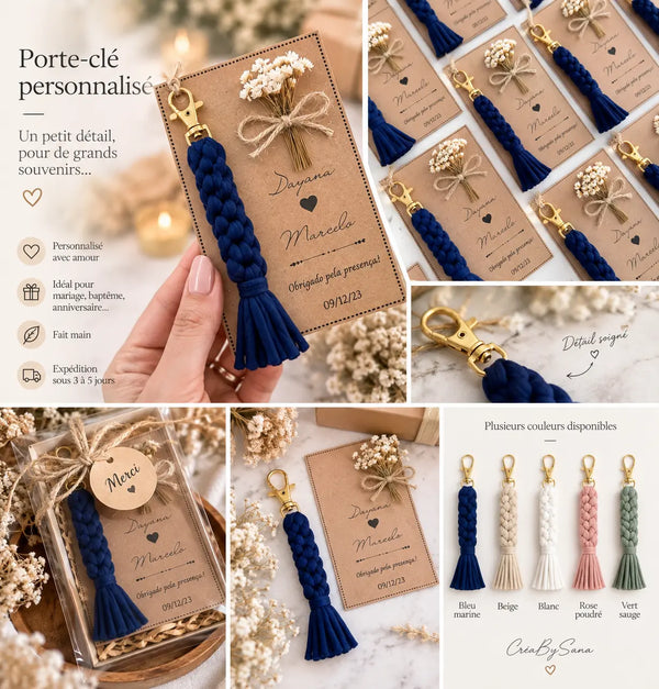 Porte-clé en tissu tressé bleu marine sur carte kraft, cinq coloris disponibles