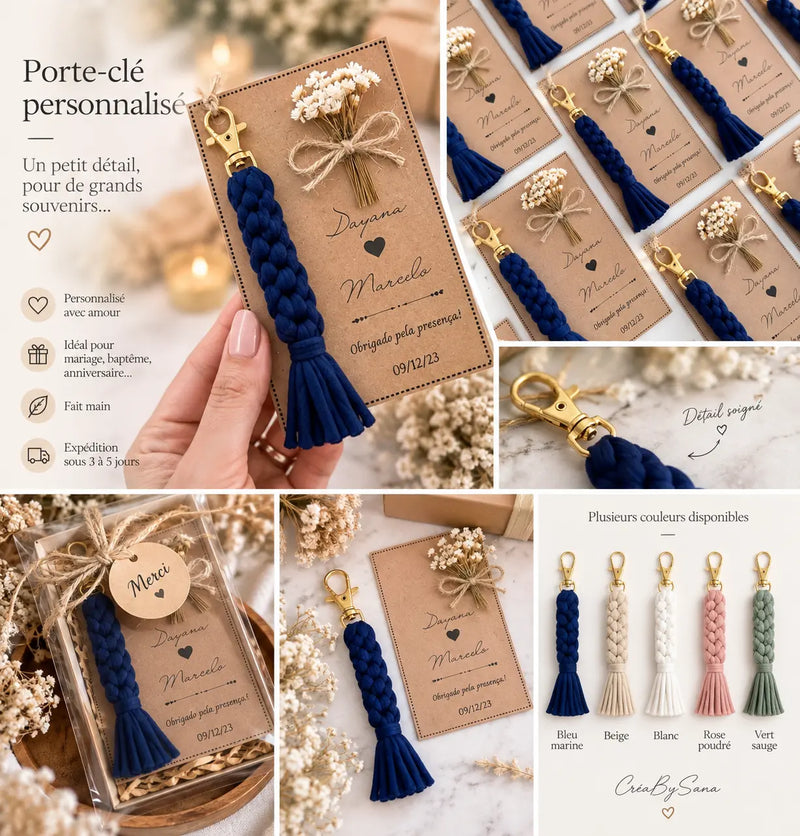 Porte-clé en tissu tressé bleu marine sur carte kraft, cinq coloris disponibles
