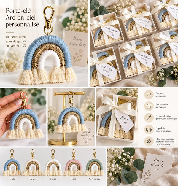 Porte-clé arc-en-ciel en macramé avec franges et mousqueton doré
