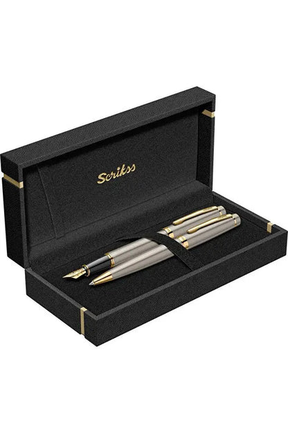 Stylo Personnalisé Haut de Gamme Scrikss – Plaqué Or 23 Carats – Stylo Plume & Stylo Bille de Luxe Gravés – Coffret Cadeau Professionnel CréaBySana