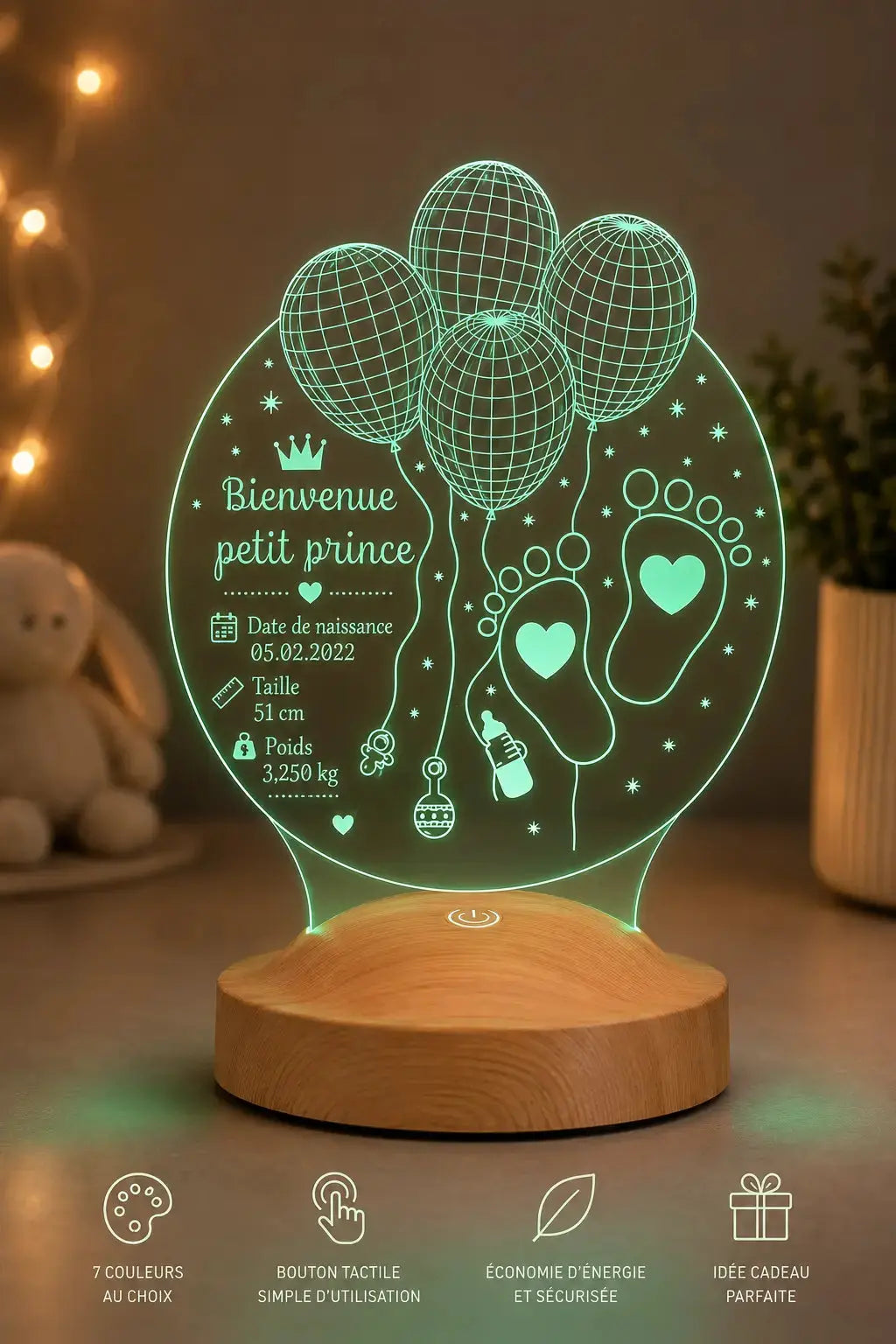 Veilleuse bébé 7 couleurs personnalisée — naissance souvenir | CréaBySana