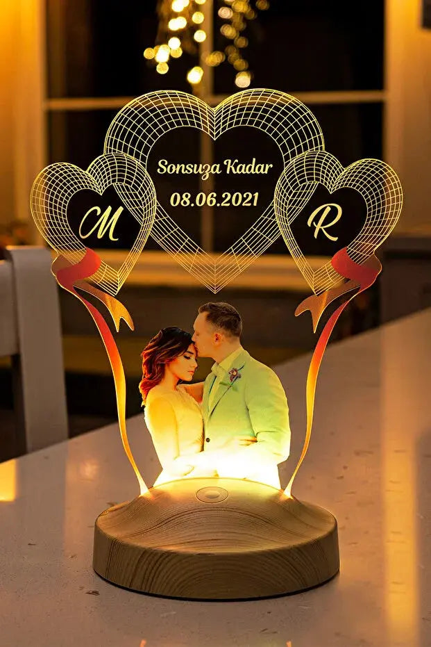 Veilleuse LED cœur gravée photo — souvenir couple romantique | CréaBySana