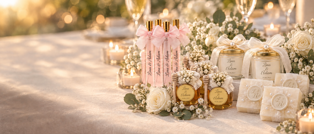 Cadeaux invités mariage personnalisés aux prénoms Lina et Adam : mini parfums, bougies, pots de miel et savons sur une table de mariage