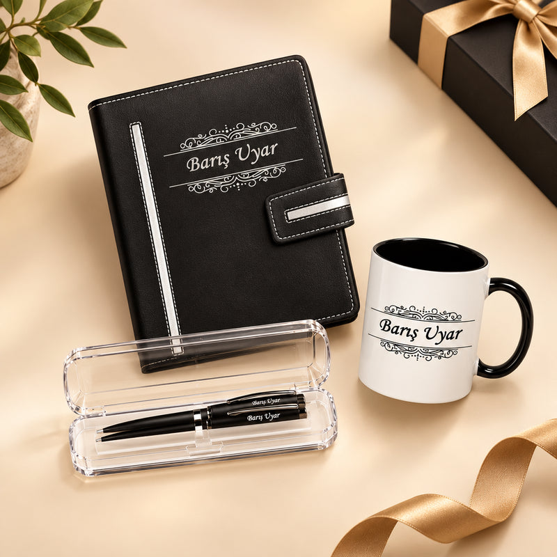 Agenda personnalisé professionnel noir gravé au nom, deux stylos gravés dans leur étui transparent et mug au nom