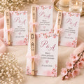 Cartes de remerciement mariage avec éventail en bois, fleurs de cerisier et ruban rose, initiales P&A