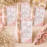 Cartes de remerciement mariage avec éventail en bois, fleurs de cerisier et ruban rose, initiales P&A