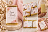 Chocolats de Dubaï personnalisés pour les invités d'un mariage, bande florale en coloris rose, blanc et beige