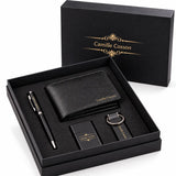 Coffret cadeau papa personnalisé ouvert : portefeuille, stylo, briquet et porte-clés gravés au nom en lettres dorées