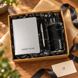 Coffret cadeau homme personnalisé – carnet argenté, stylo et gourde marbre gravés, prêt à offrir | CréaBySana